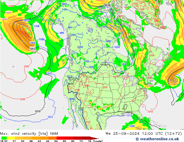 Max. wind velocity NAM ср 25.09.2024 12 UTC