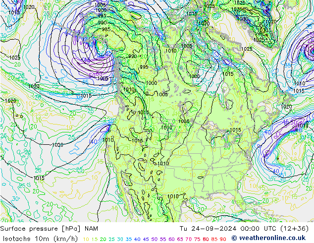 Isotachs (kph) NAM Tu 24.09.2024 00 UTC