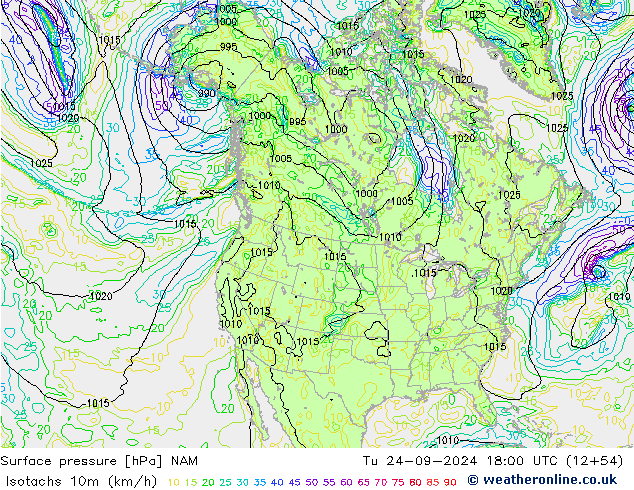 Isotachs (kph) NAM Út 24.09.2024 18 UTC