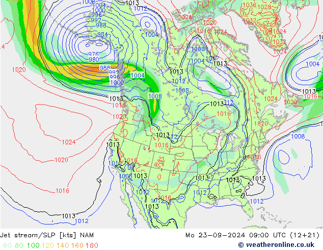 Jet stream/SLP NAM Mo 23.09.2024 09 UTC