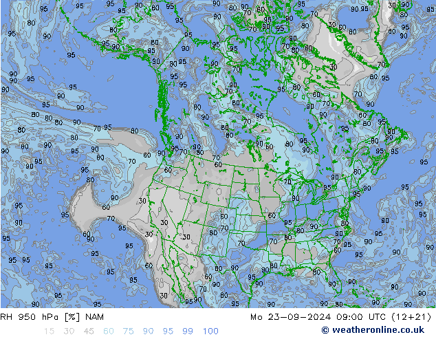 RH 950 hPa NAM 星期一 23.09.2024 09 UTC