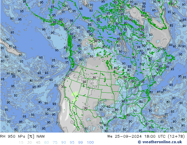 RH 950 hPa NAM Mi 25.09.2024 18 UTC