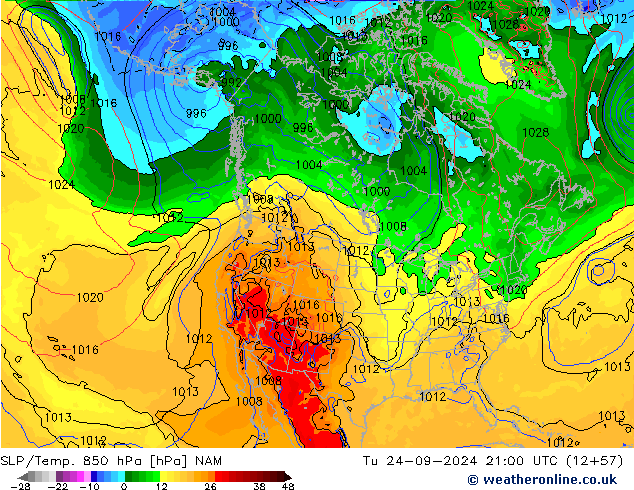 SLP/Temp. 850 hPa NAM Di 24.09.2024 21 UTC