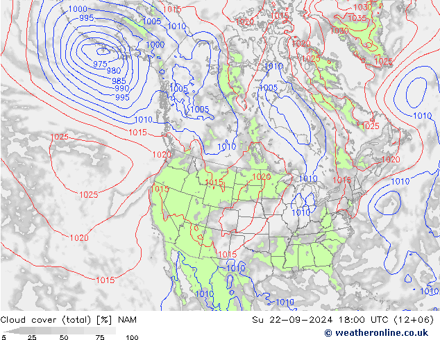 Cloud cover (total) NAM Su 22.09.2024 18 UTC