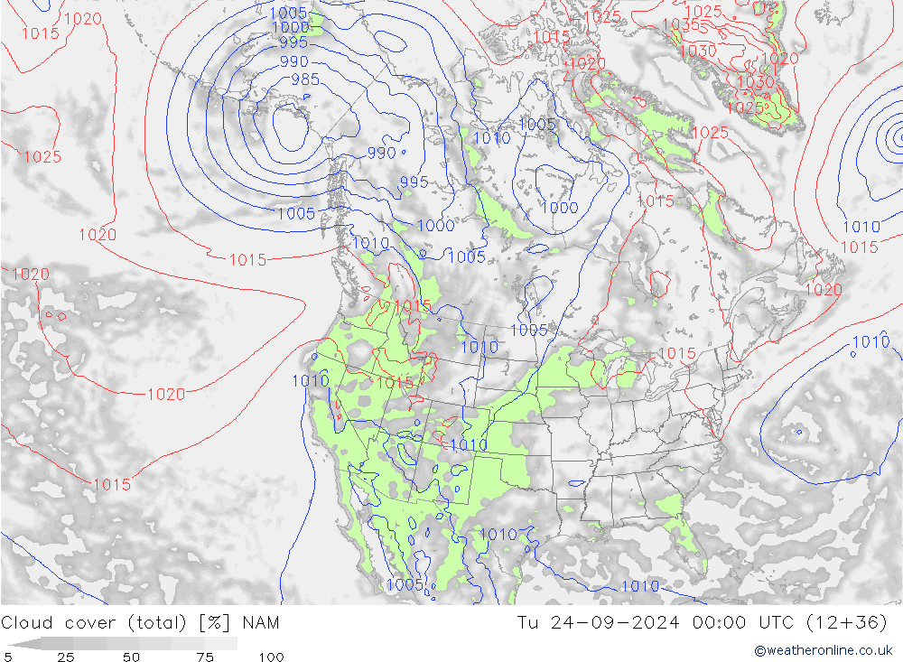 Cloud cover (total) NAM Tu 24.09.2024 00 UTC