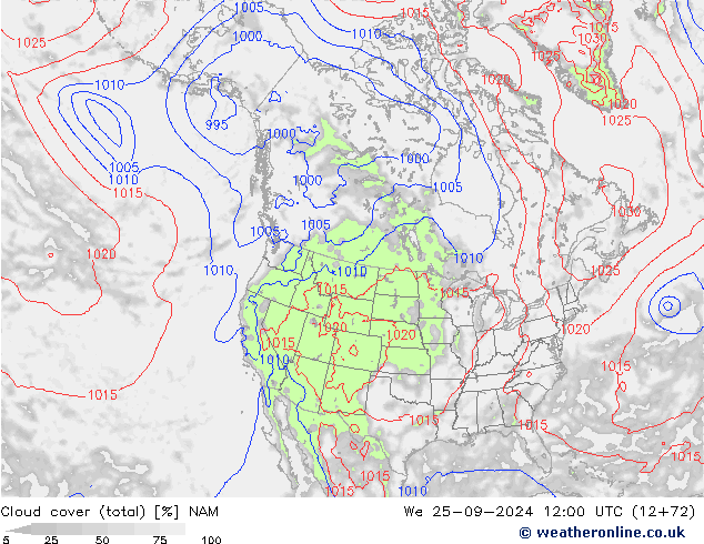 Cloud cover (total) NAM We 25.09.2024 12 UTC