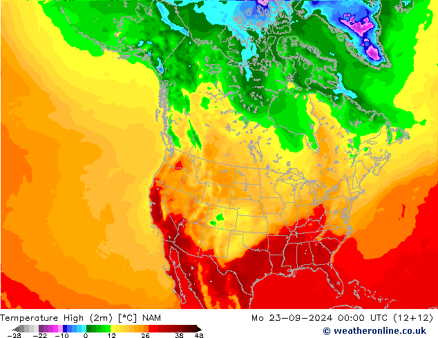 Temperature High (2m) NAM 星期一 23.09.2024 00 UTC