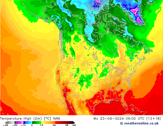 Temperature High (2m) NAM Mo 23.09.2024 06 UTC