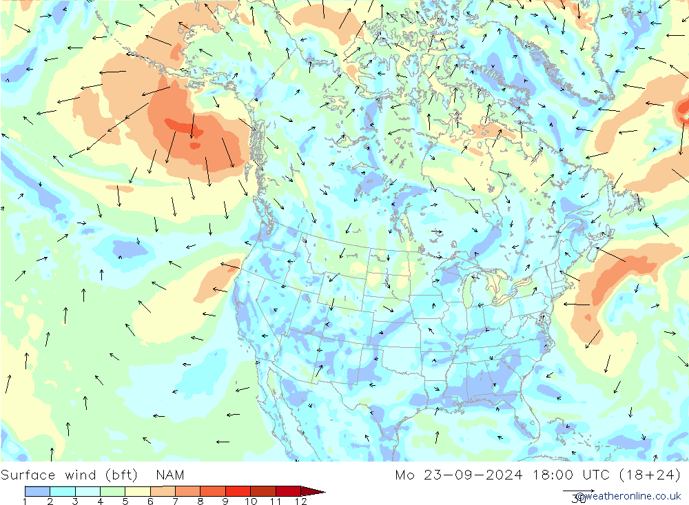 Surface wind (bft) NAM Mo 23.09.2024 18 UTC