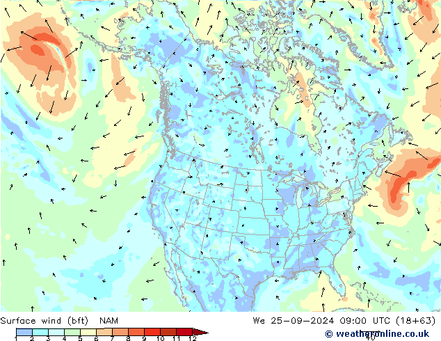 Surface wind (bft) NAM We 25.09.2024 09 UTC