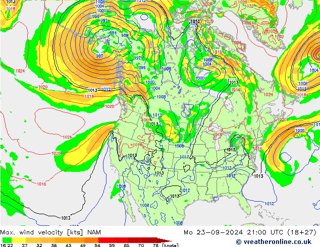 Max. wind velocity NAM lun 23.09.2024 21 UTC