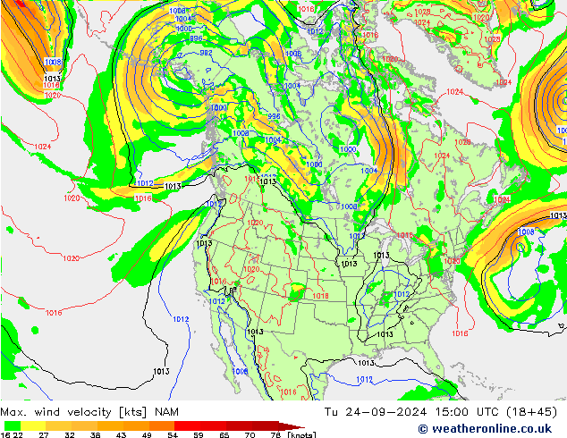 Max. wind velocity NAM Út 24.09.2024 15 UTC