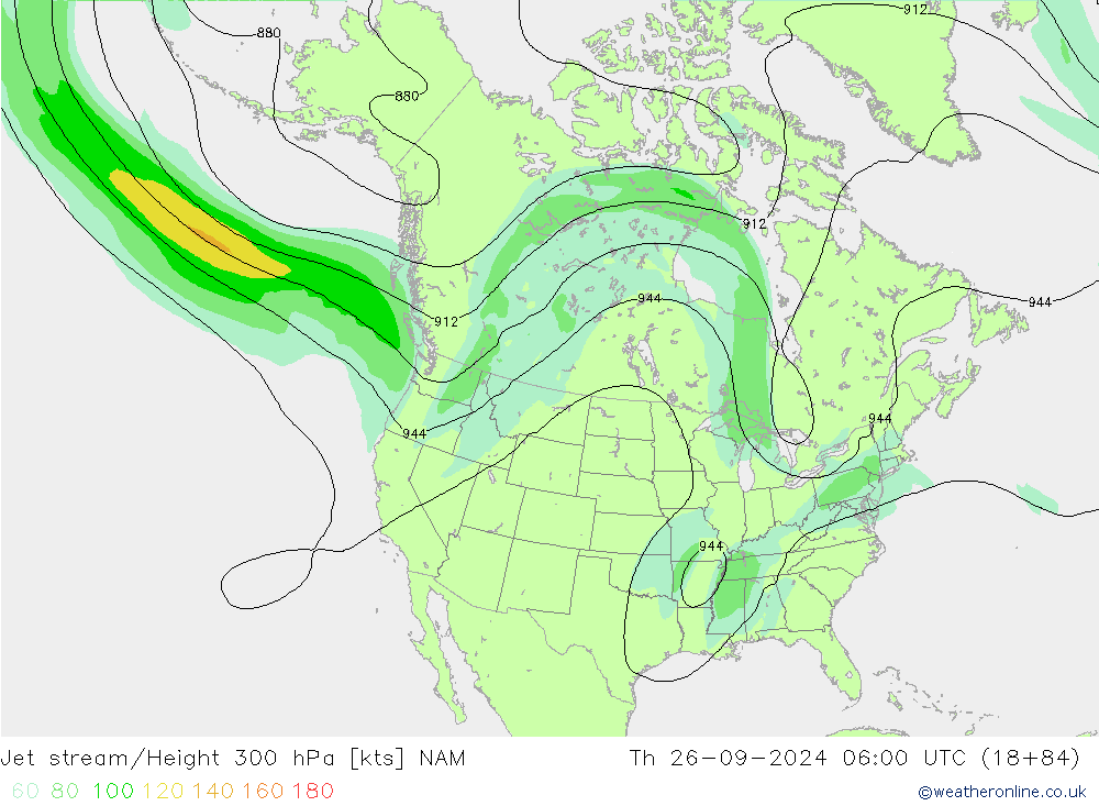 Jet stream/Height 300 hPa NAM Čt 26.09.2024 06 UTC