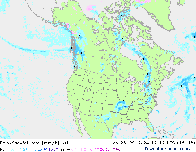 Rain/Snowfall rate NAM пн 23.09.2024 12 UTC