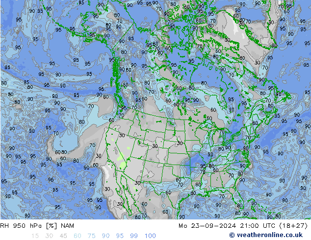 Humedad rel. 950hPa NAM lun 23.09.2024 21 UTC