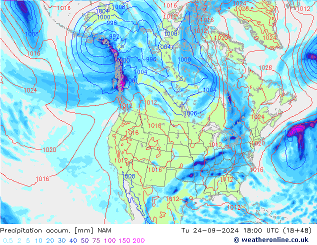 Precipitation accum. NAM wto. 24.09.2024 18 UTC