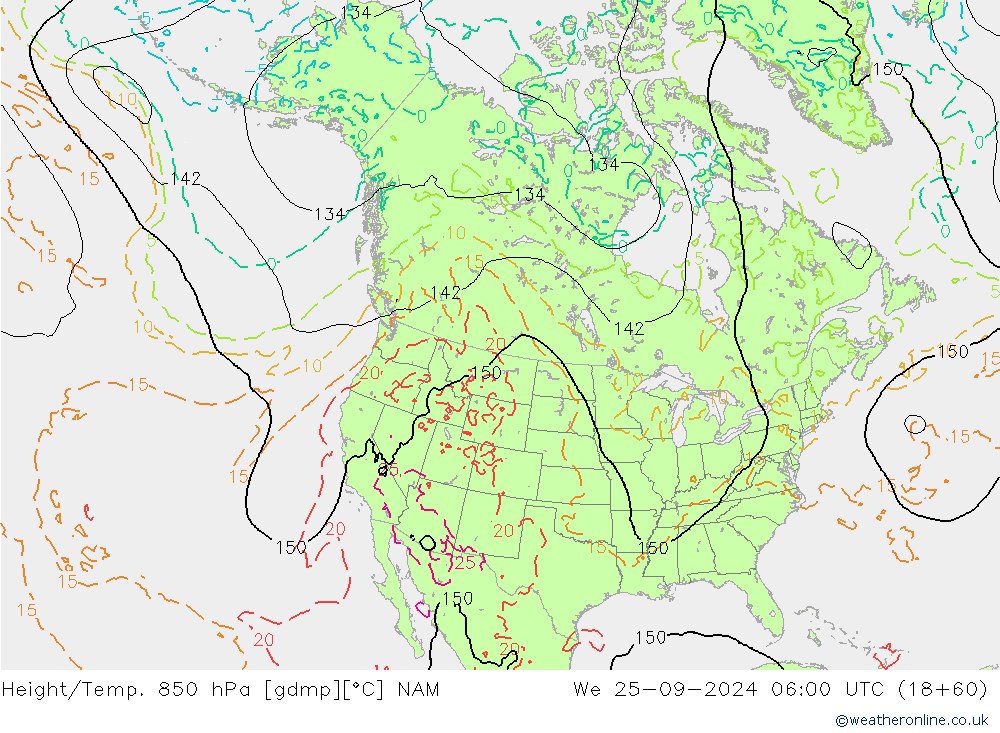 Géop./Temp. 850 hPa NAM mer 25.09.2024 06 UTC