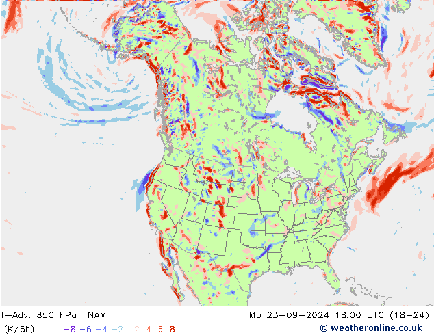 T-Adv. 850 hPa NAM Mo 23.09.2024 18 UTC