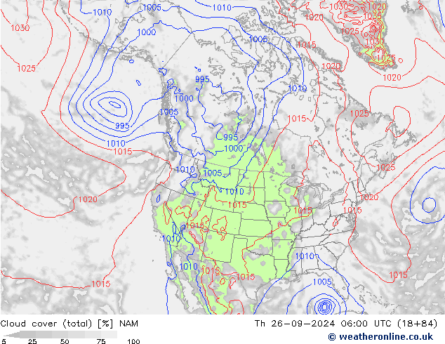 Cloud cover (total) NAM Čt 26.09.2024 06 UTC