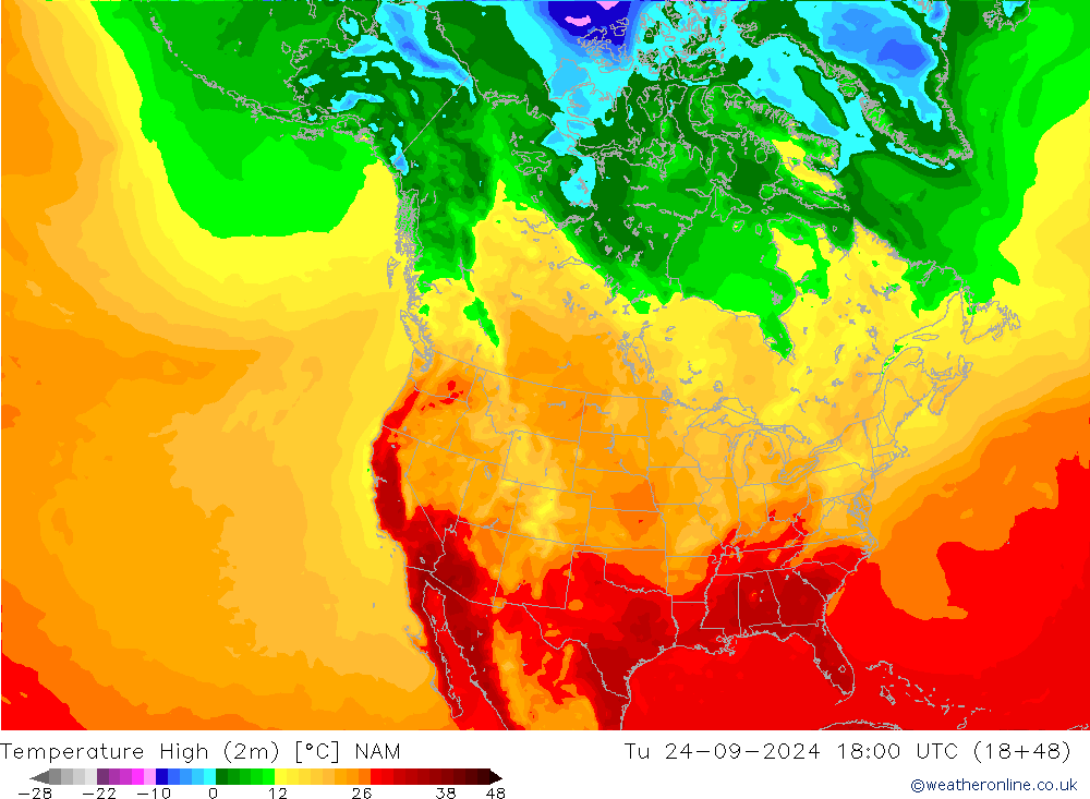 temperatura máx. (2m) NAM Ter 24.09.2024 18 UTC