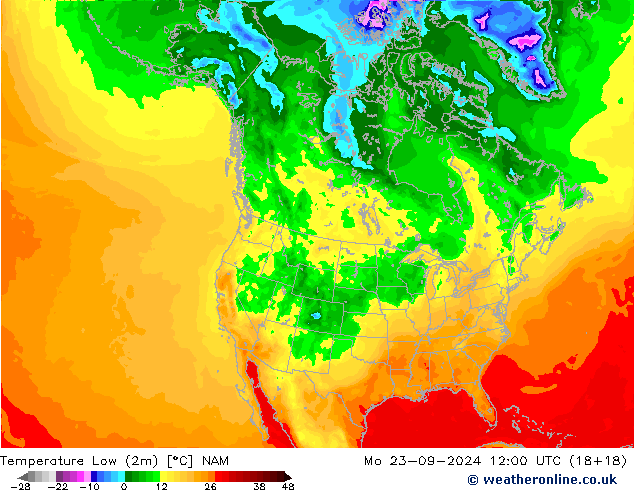 Tiefstwerte (2m) NAM Mo 23.09.2024 12 UTC