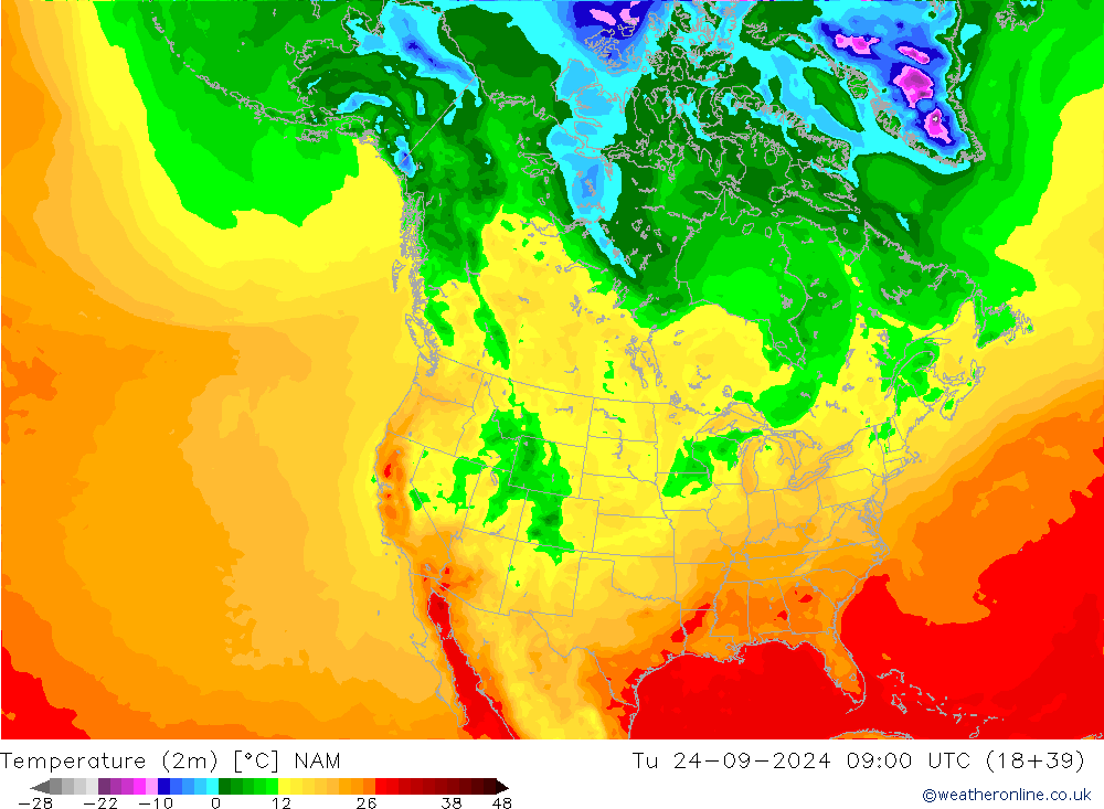 Temperature (2m) NAM Út 24.09.2024 09 UTC