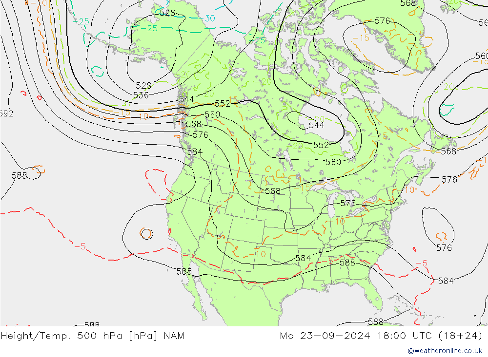 Height/Temp. 500 hPa NAM pon. 23.09.2024 18 UTC