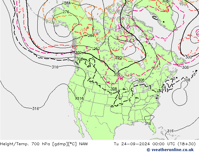 Height/Temp. 700 hPa NAM Út 24.09.2024 00 UTC