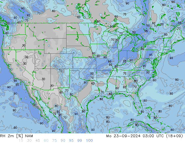 Humedad rel. 2m NAM lun 23.09.2024 03 UTC