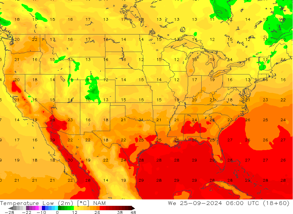 Temperatura mín. (2m) NAM mié 25.09.2024 06 UTC