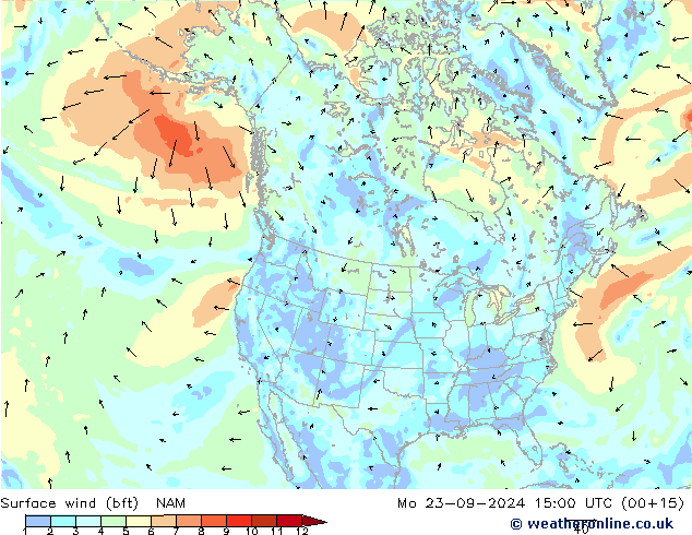 Vento 10 m (bft) NAM Seg 23.09.2024 15 UTC