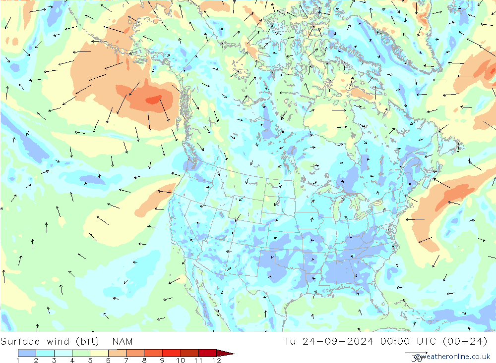 Surface wind (bft) NAM Tu 24.09.2024 00 UTC