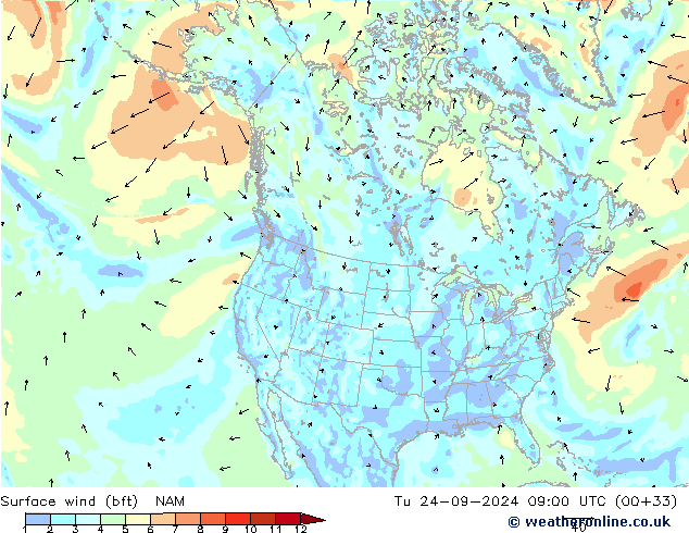  10 m (bft) NAM  24.09.2024 09 UTC