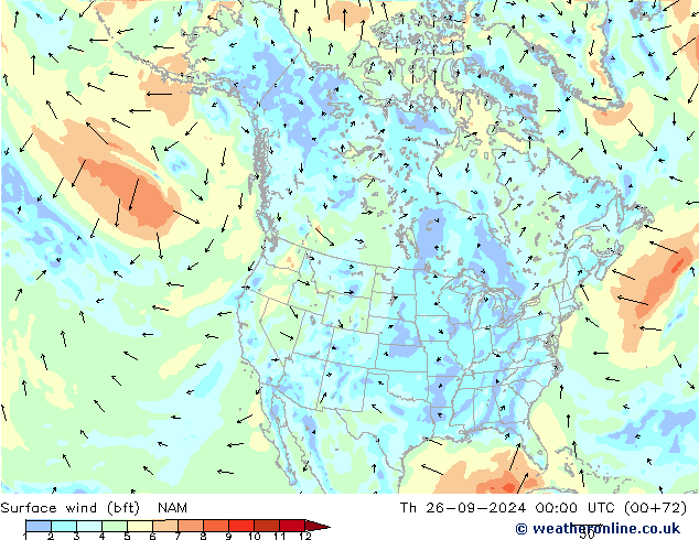 Surface wind (bft) NAM Th 26.09.2024 00 UTC