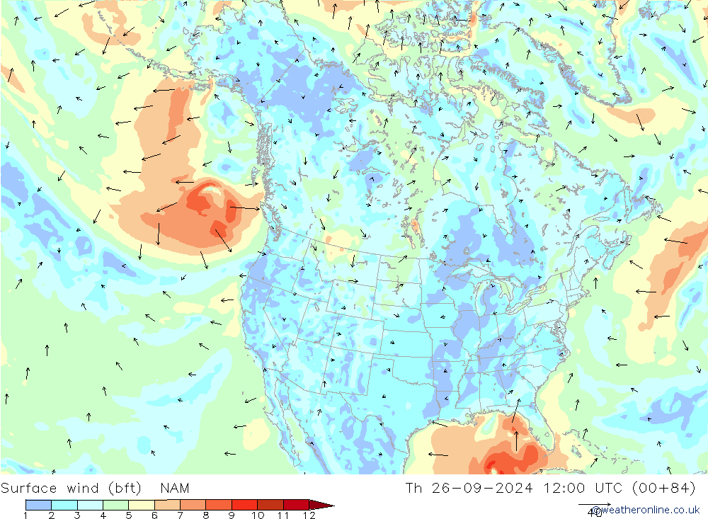 Viento 10 m (bft) NAM jue 26.09.2024 12 UTC