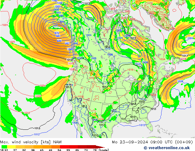 Max. wind velocity NAM lun 23.09.2024 09 UTC