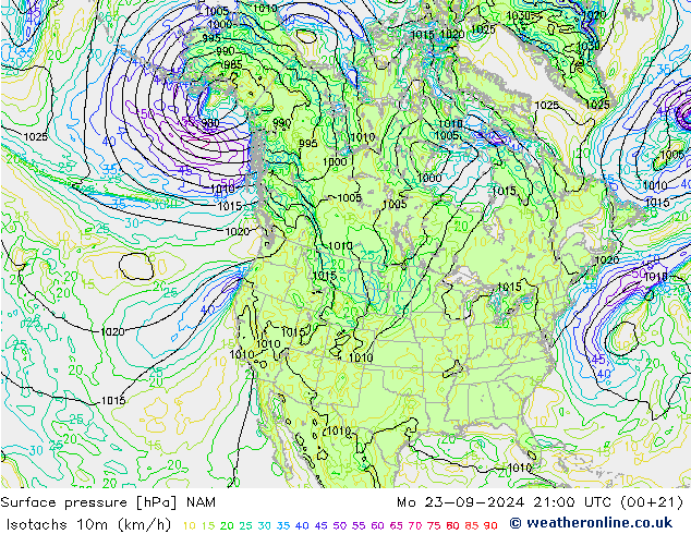 Isotachen (km/h) NAM Mo 23.09.2024 21 UTC