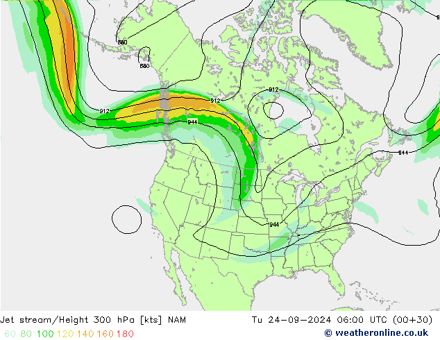 Jet stream/Height 300 hPa NAM Tu 24.09.2024 06 UTC