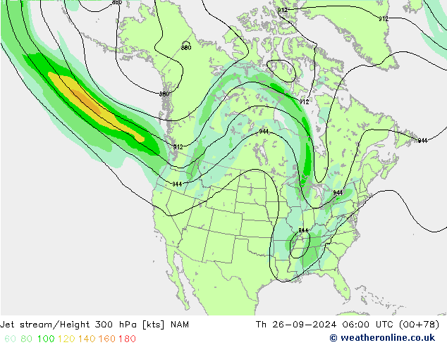 Jet stream/Height 300 hPa NAM Čt 26.09.2024 06 UTC