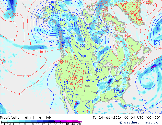 Precipitation (6h) NAM Út 24.09.2024 06 UTC