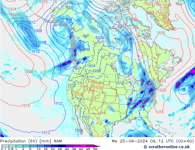 Precipitation (6h) NAM We 25.09.2024 12 UTC