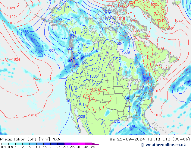 Precipitation (6h) NAM We 25.09.2024 18 UTC