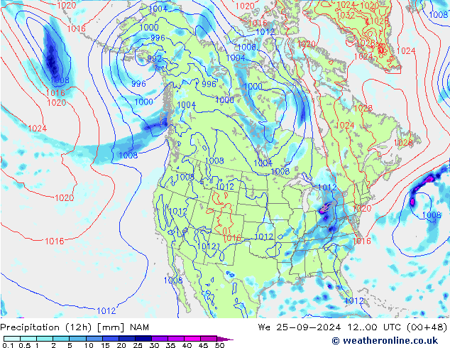 Precipitación (12h) NAM mié 25.09.2024 00 UTC