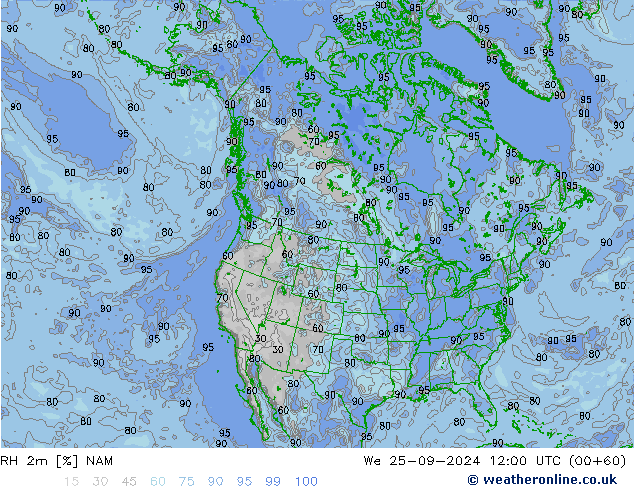 RH 2m NAM Mi 25.09.2024 12 UTC