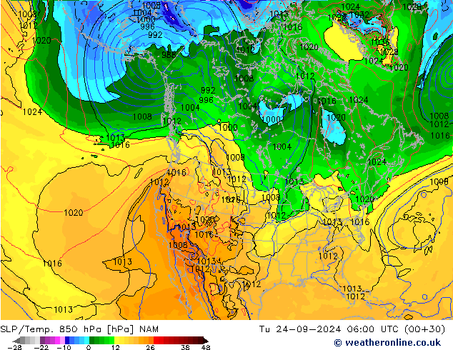 SLP/Temp. 850 hPa NAM Út 24.09.2024 06 UTC