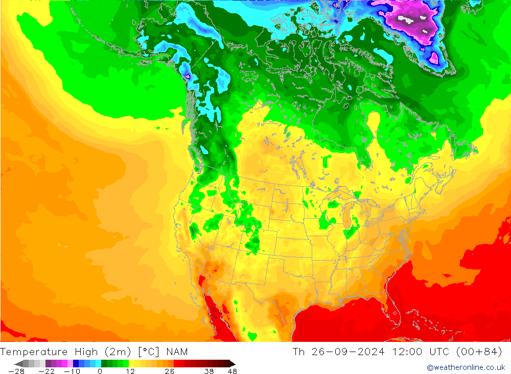 Temperature High (2m) NAM Th 26.09.2024 12 UTC