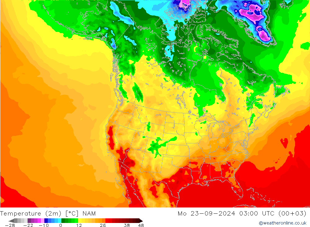 mapa temperatury (2m) NAM pon. 23.09.2024 03 UTC