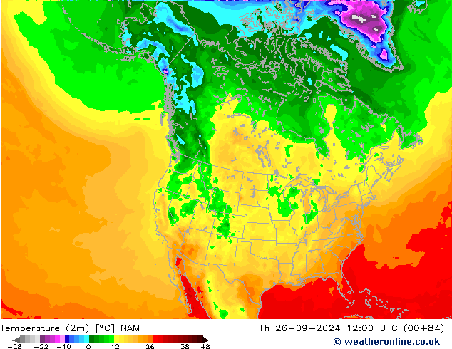 Temperatura (2m) NAM jue 26.09.2024 12 UTC