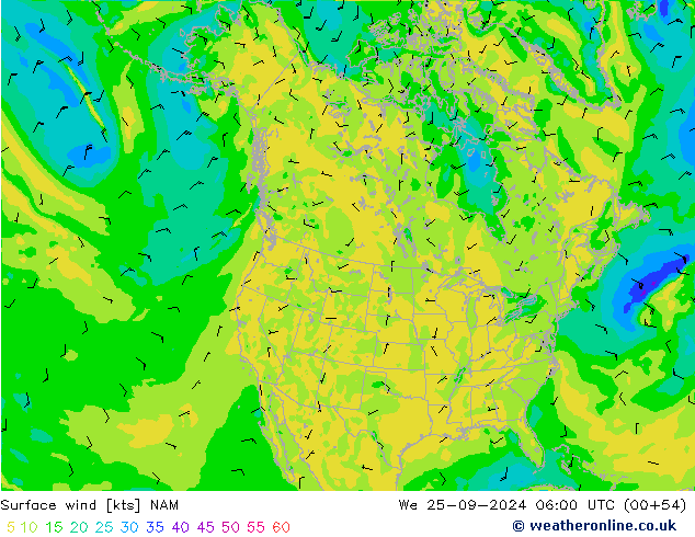 Surface wind NAM We 25.09.2024 06 UTC