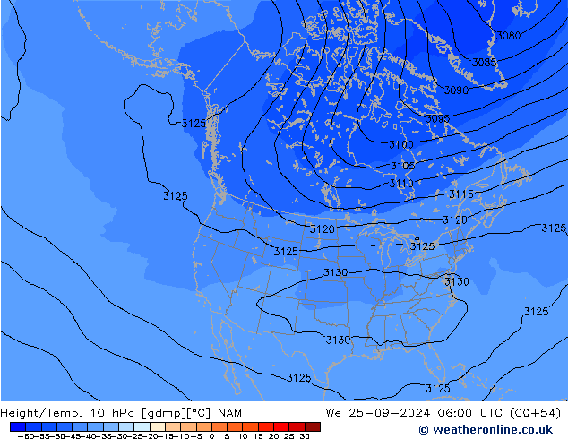 Geop./Temp. 10 hPa NAM mié 25.09.2024 06 UTC